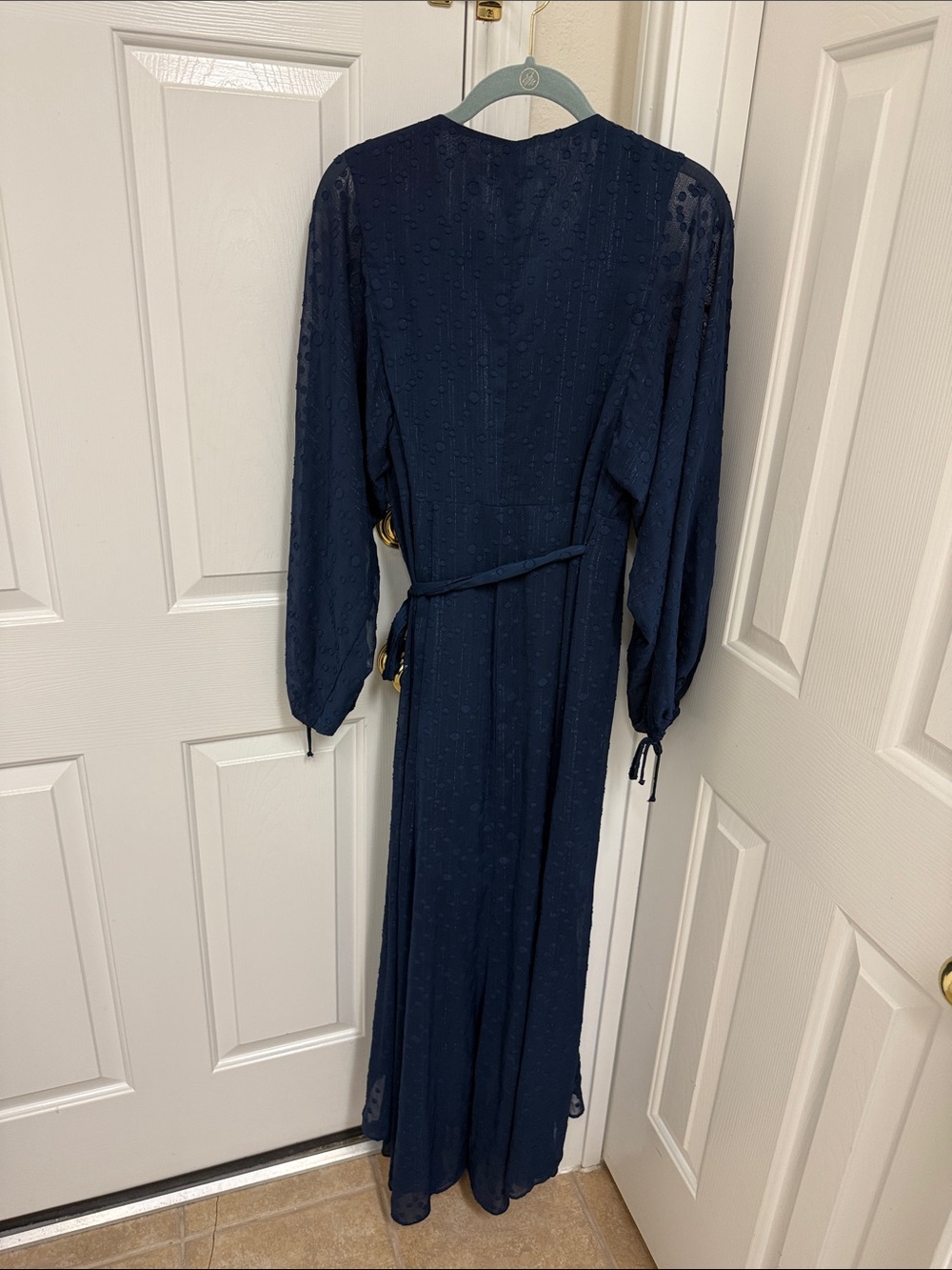 Anthropologie Name brand V-Neck Navy Maxi Dress with Sheer Dot Sleeve - Picture 7 of 8